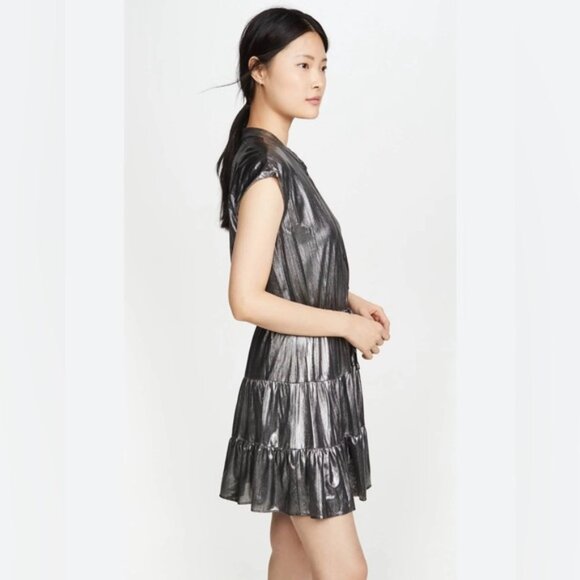 NWT REBECCA MINKOFF OLLIE Gray Silver GUNMETAL Shiny Button Mini Dress MEDIUM - Picture 1 of 16